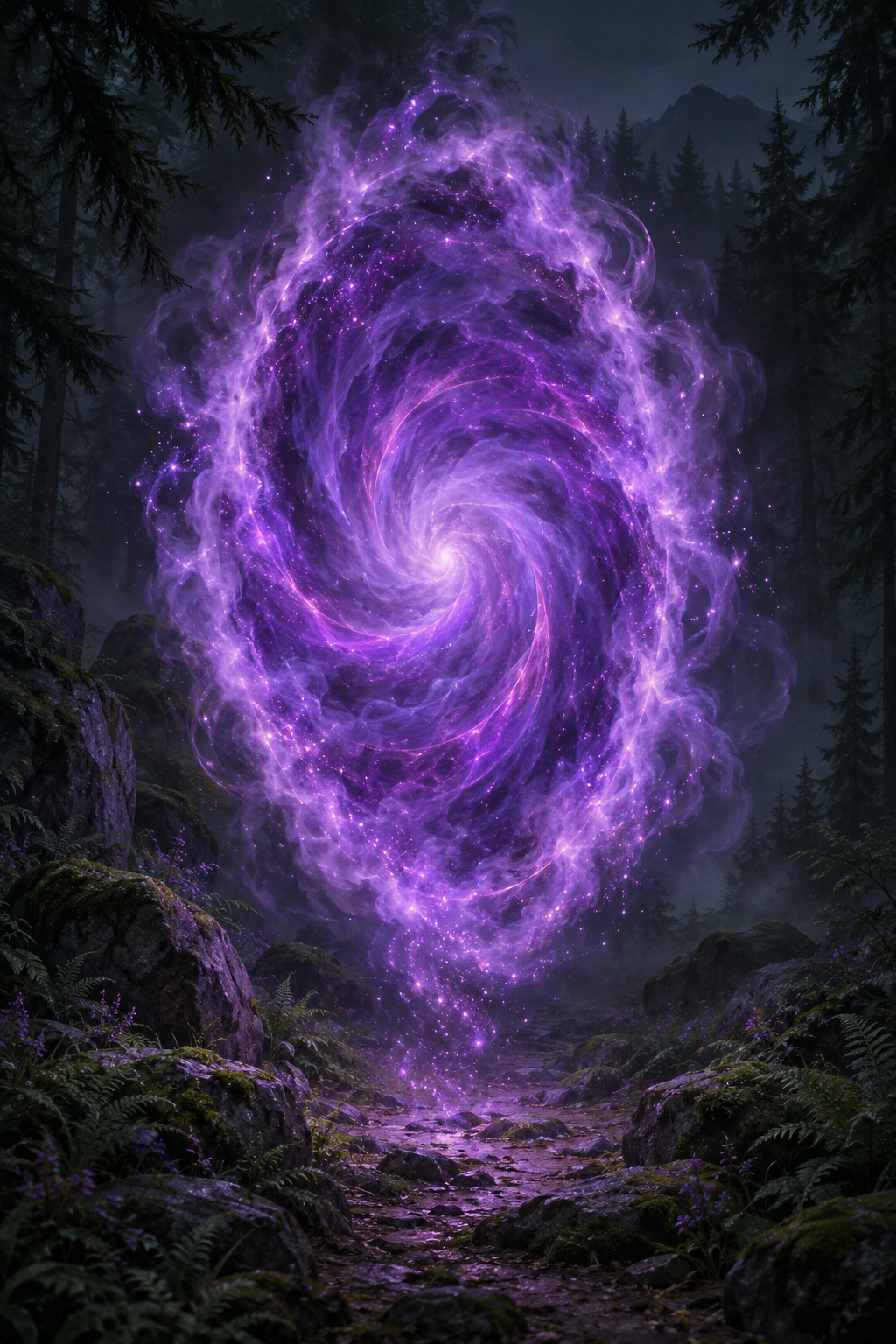 Original fantasy illustration of a swirling purple portal with drifting violet particles above a forest path